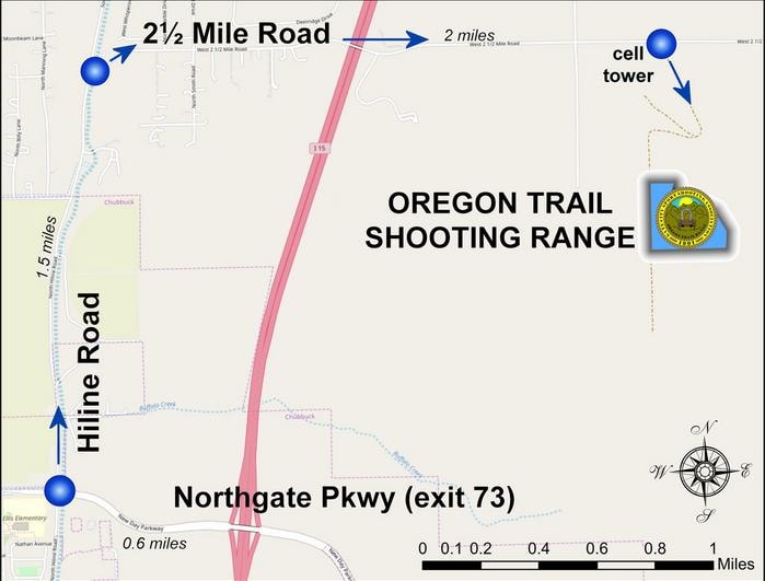 Vicinity map showing Oregon Trail Shooting Range location near I-15 Exit 73, Hiline Road, and 2½ Mile Road